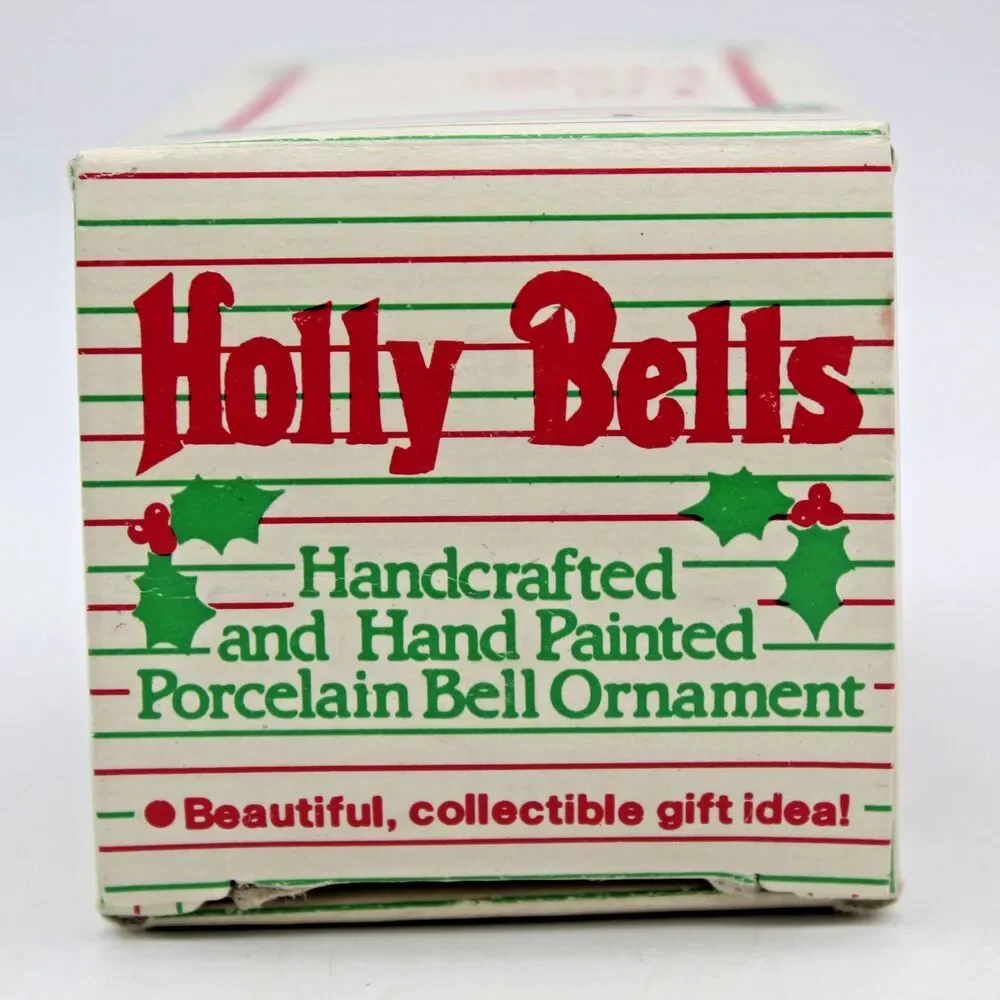 Holly Bells Porcelain Puppy Dog Bell Ornament Vintage 1986 Original Box b